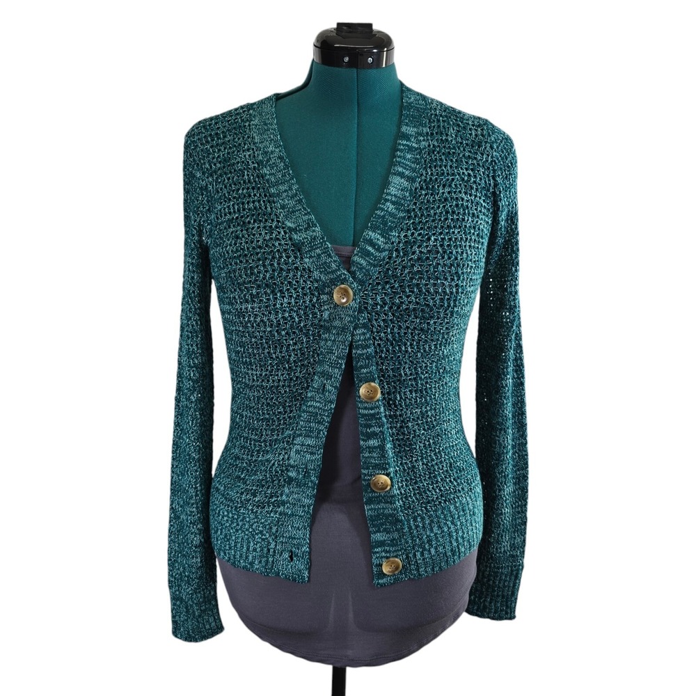 Maurices Cardigan Womens‎ XS Teal Green Acrylic Marled Open Knit V-Neck Classic